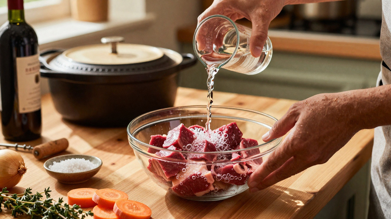 Pessoa a verter líquido em cubos de carne numa taça numa cozinha com legumes e temperos na bancada.