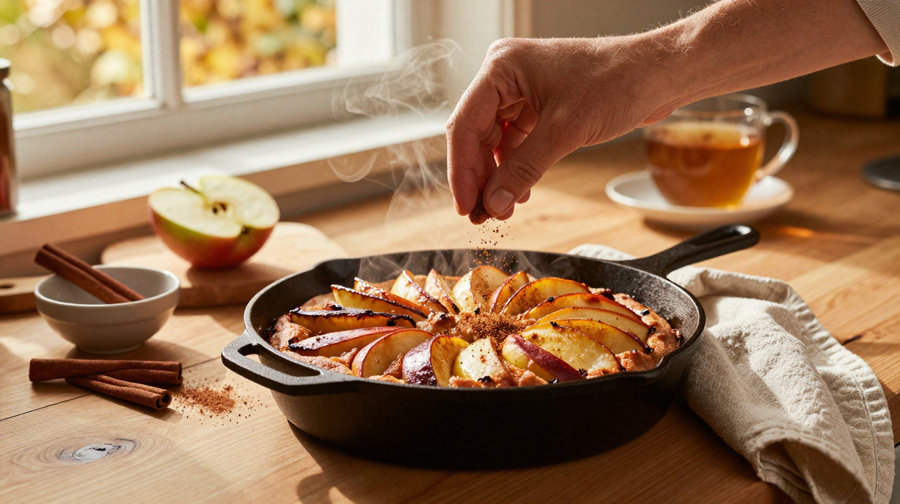 Mão a polvilhar canela numa tarte de maçã fumegante numa frigideira de ferro numa cozinha iluminada a luz natural.
