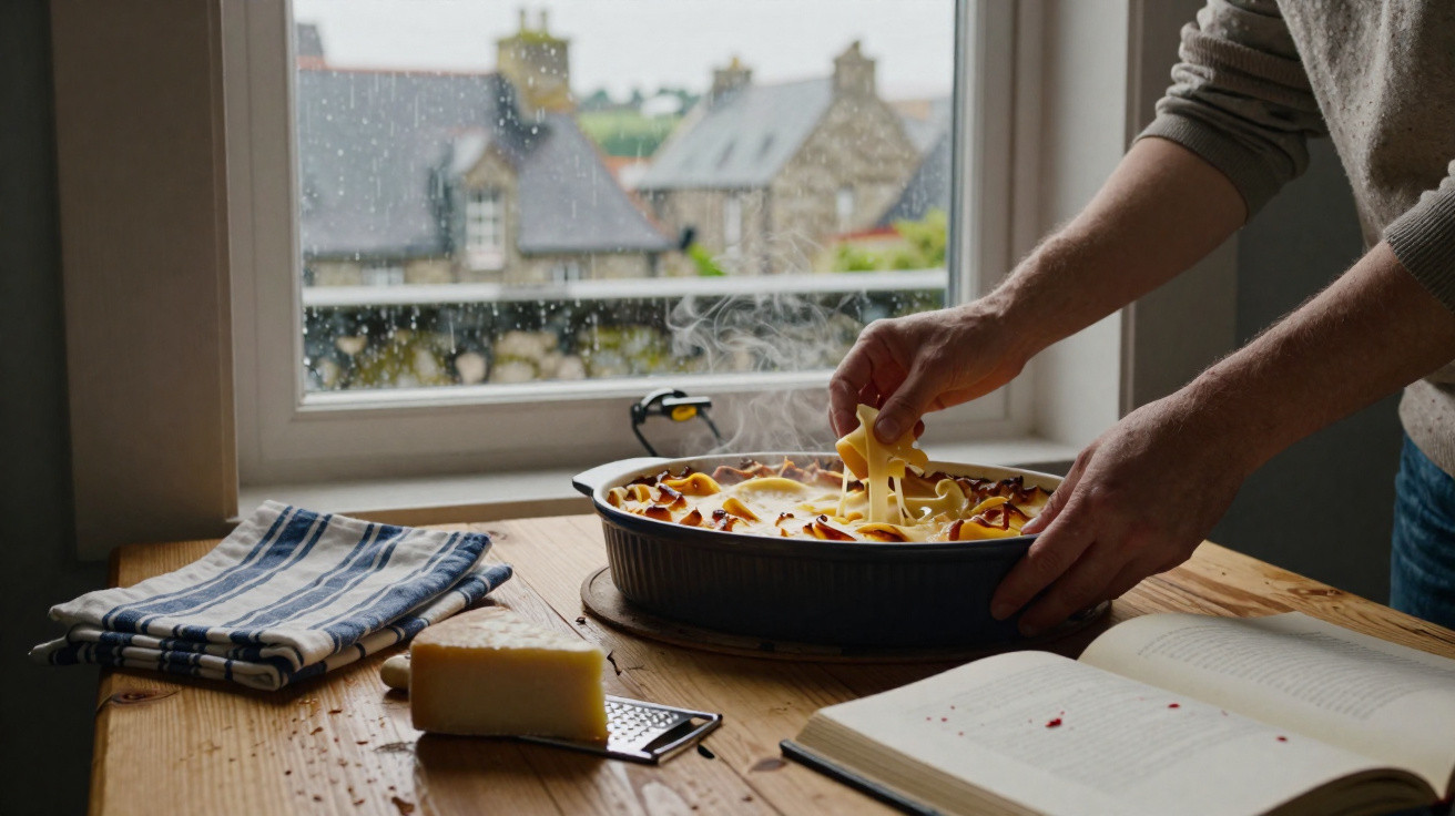 Mãos a tirar massa gratinada quente de uma travessa na mesa de madeira junto a livro aberto e janela.