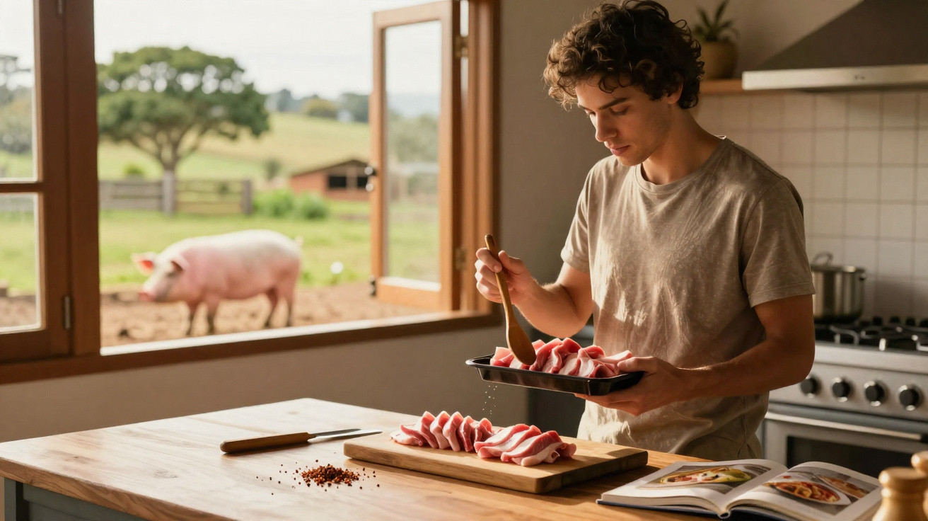 Homem tempera carne na cozinha com porco visível pela janela aberta numa quinta.