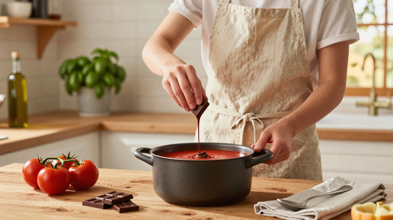 Pessoa a adicionar chocolate numa panela com molho de tomate numa cozinha moderna.
