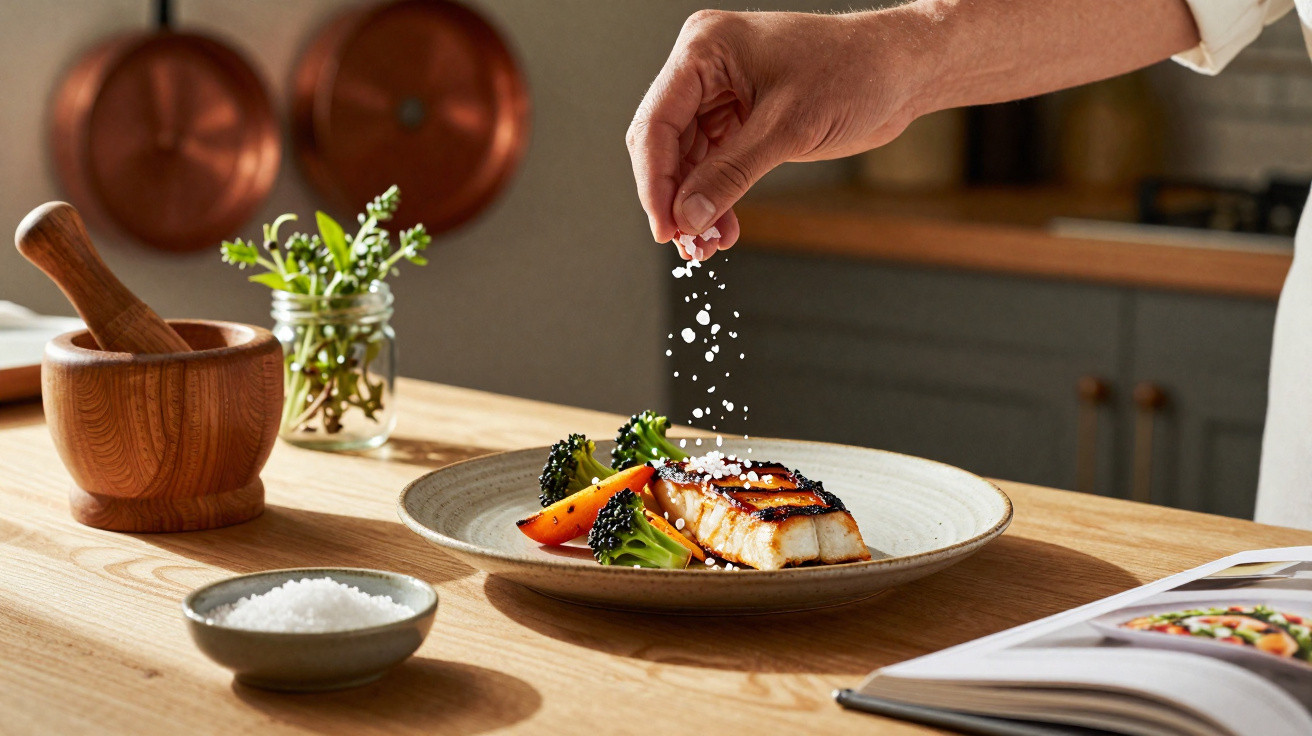 Mão a polvilhar sal sobre prato com peixe grelhado e legumes numa cozinha iluminada.