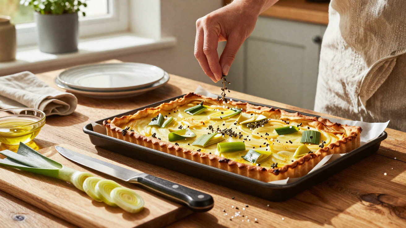 Pessoa a polvilhar ervas frescas numa tarte salgada com alho-francês numa cozinha bem iluminada.