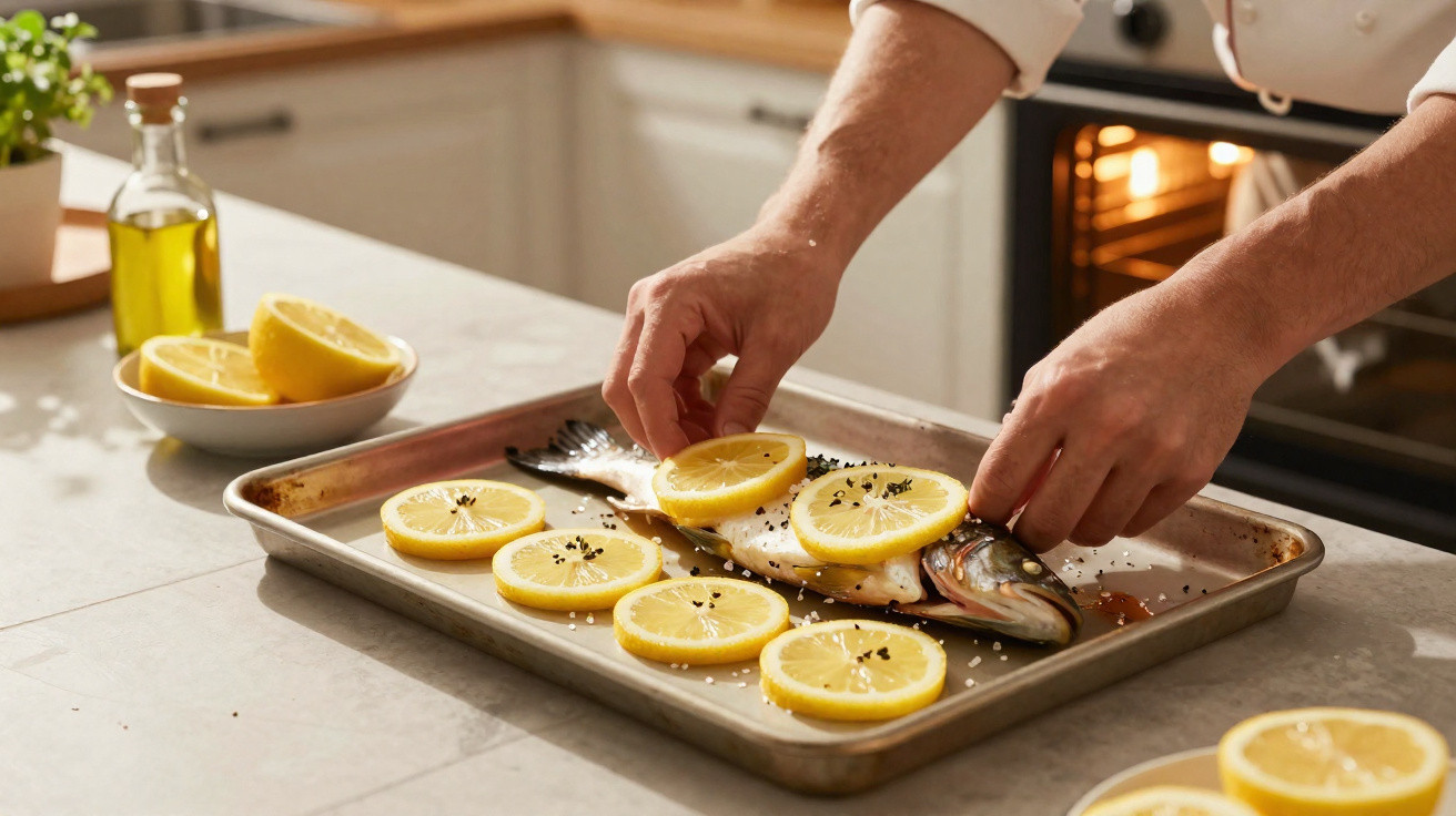 Mãos a preparar peixe num tabuleiro com rodelas de limão e ervas numa cozinha luminosa.