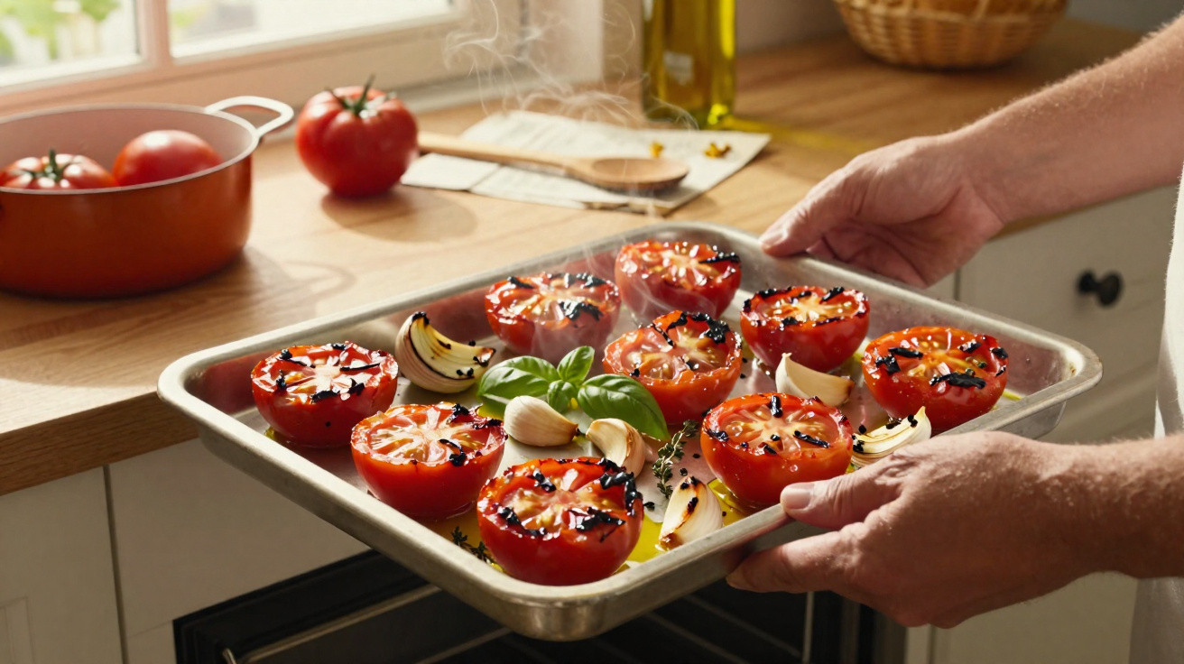 Mãos a retirar tabuleiro com tomates assados, alho e ervas frescas do forno numa cozinha iluminada.
