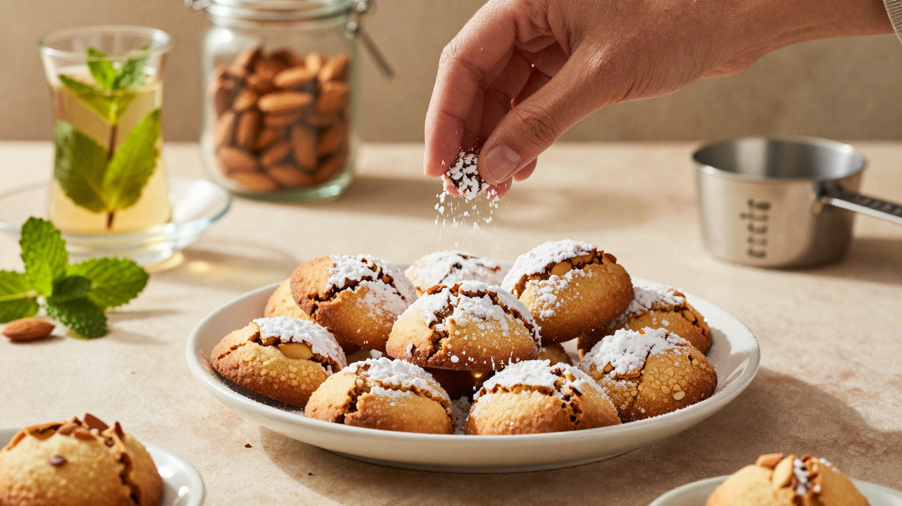 Mão polvilhando açúcar em biscoitos amêndoa rachados numa travessa branca sobre mesa de madeira.
