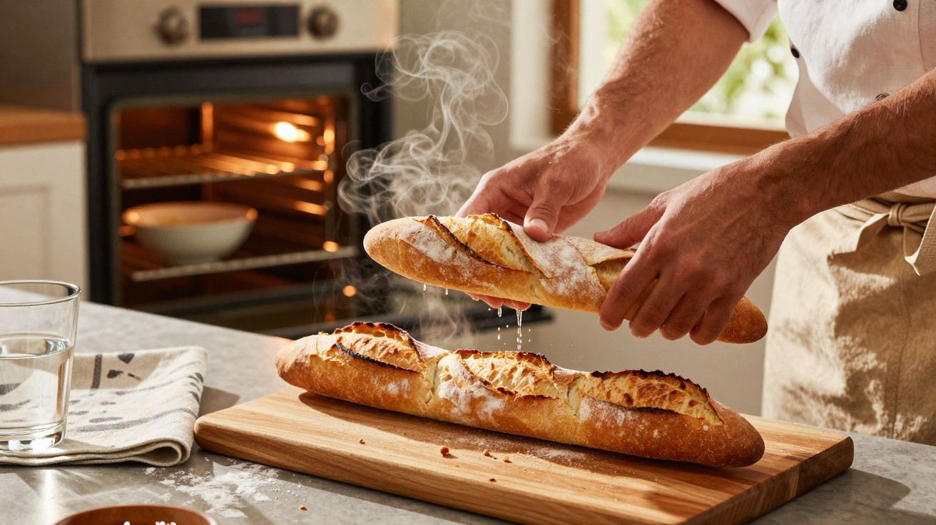 Mãos a partir uma baguete quente numa cozinha com forno aberto ao fundo e vapor a sair do pão.