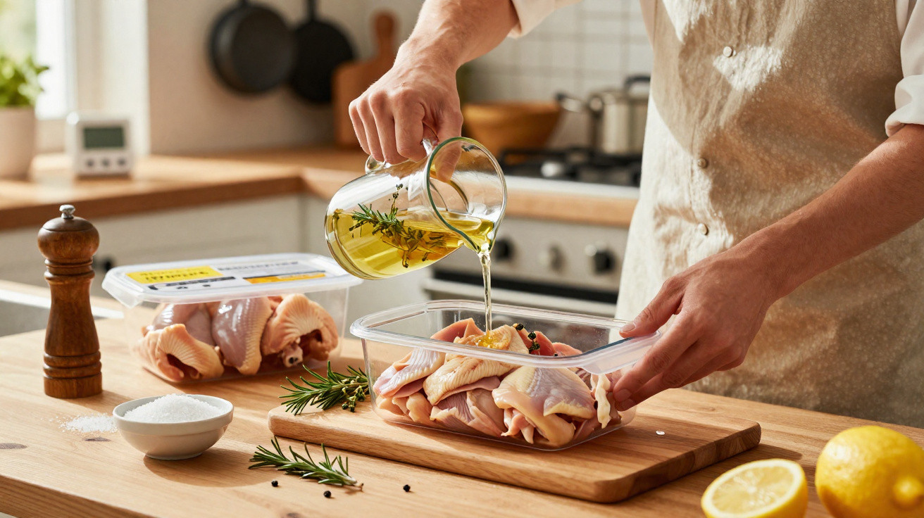 Pessoa a temperar frango cru com azeite e ervas numa cozinha iluminada e organizada.