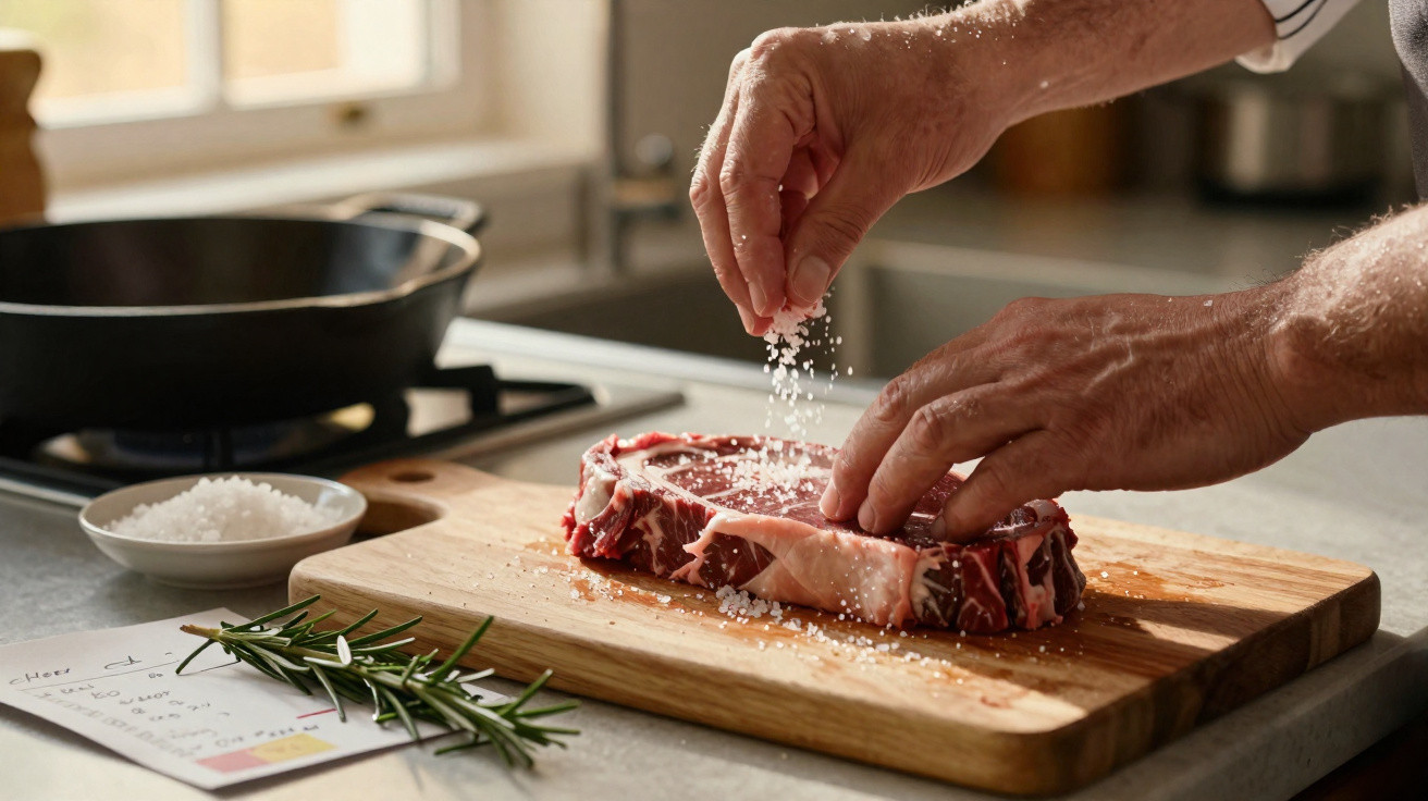 Mãos a temperar um bife cru com sal grosso numa tábua de madeira, com uma frigideira ao fundo.