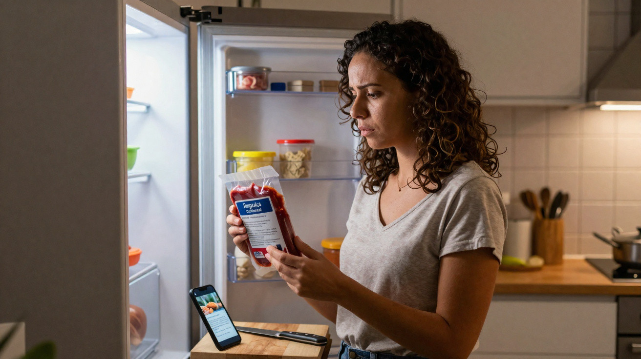 Mulher a ler rótulo de embalagem junto ao frigorífico aberto numa cozinha moderna.