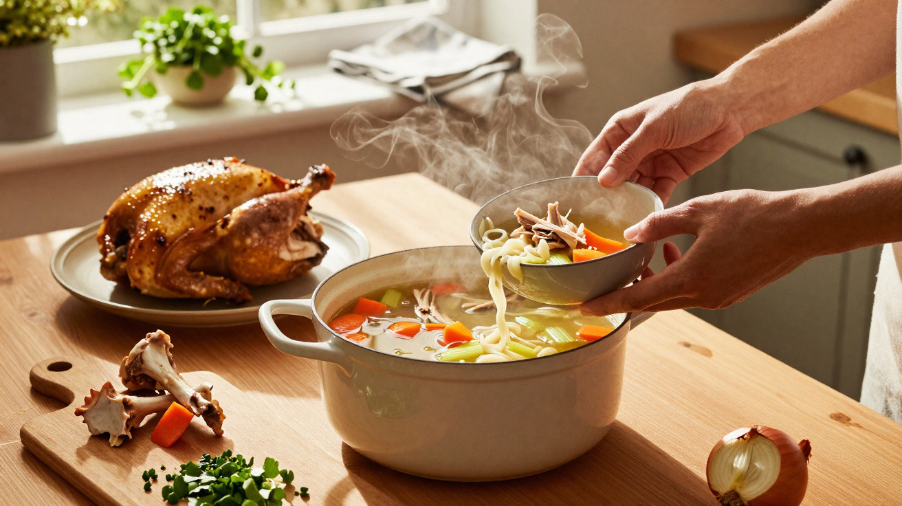 Pessoa a servir sopa quente de legumes e frango numa tigela, com frango assado e ervas numa bancada de cozinha.