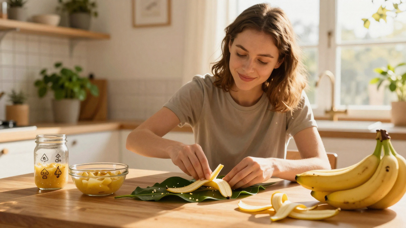 Jovem numa cozinha a descascar uma banana, com mais bananas, sumo e fatias de ananás na mesa.