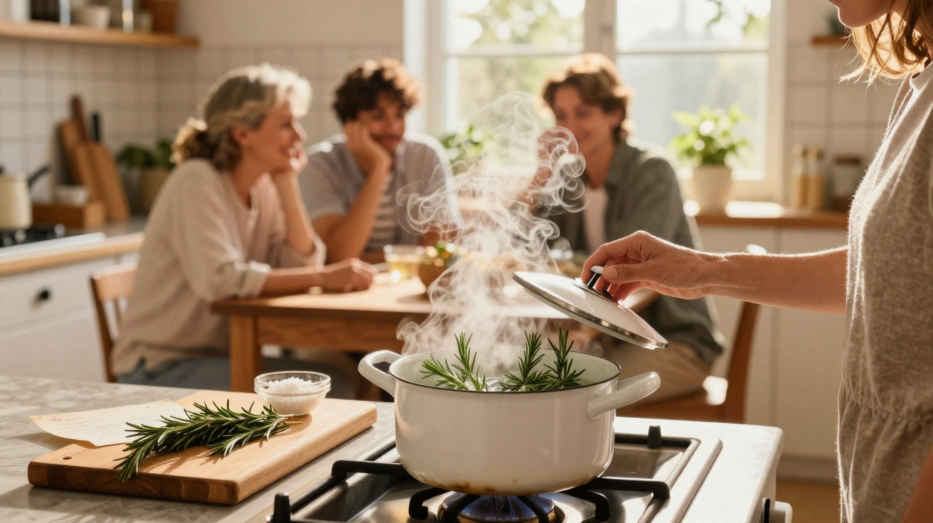 Pessoa a levantar tampa de panela com ervas aromáticas a cozinhar no fogão, com duas pessoas ao fundo na cozinha.