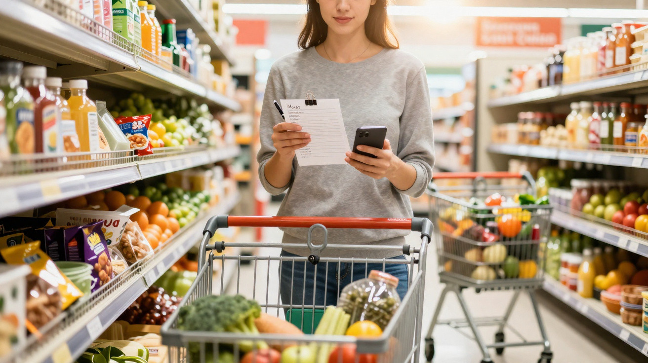 Pessoa a fazer compras no supermercado, segurando lista e telemóvel, com carrinho cheio de frutas e legumes.