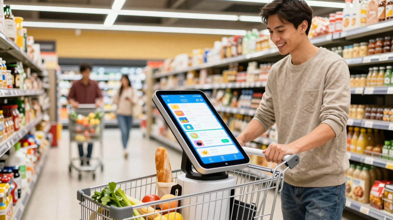 Jovem a usar um carrinho de supermercado com ecrã digital, cheio de frutas e legumes numa loja.