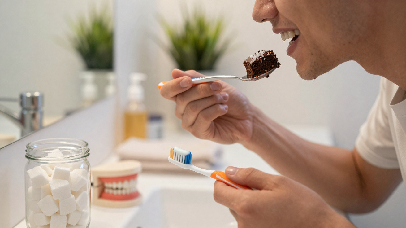 Pessoa prestes a escovar os dentes com chocolate num cepilho de dentes, em frente a um espelho.