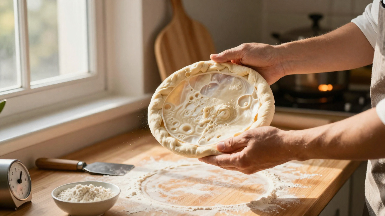 Mãos a segurar massa de pizza crua numa cozinha com utensílios e forno ao fundo.
