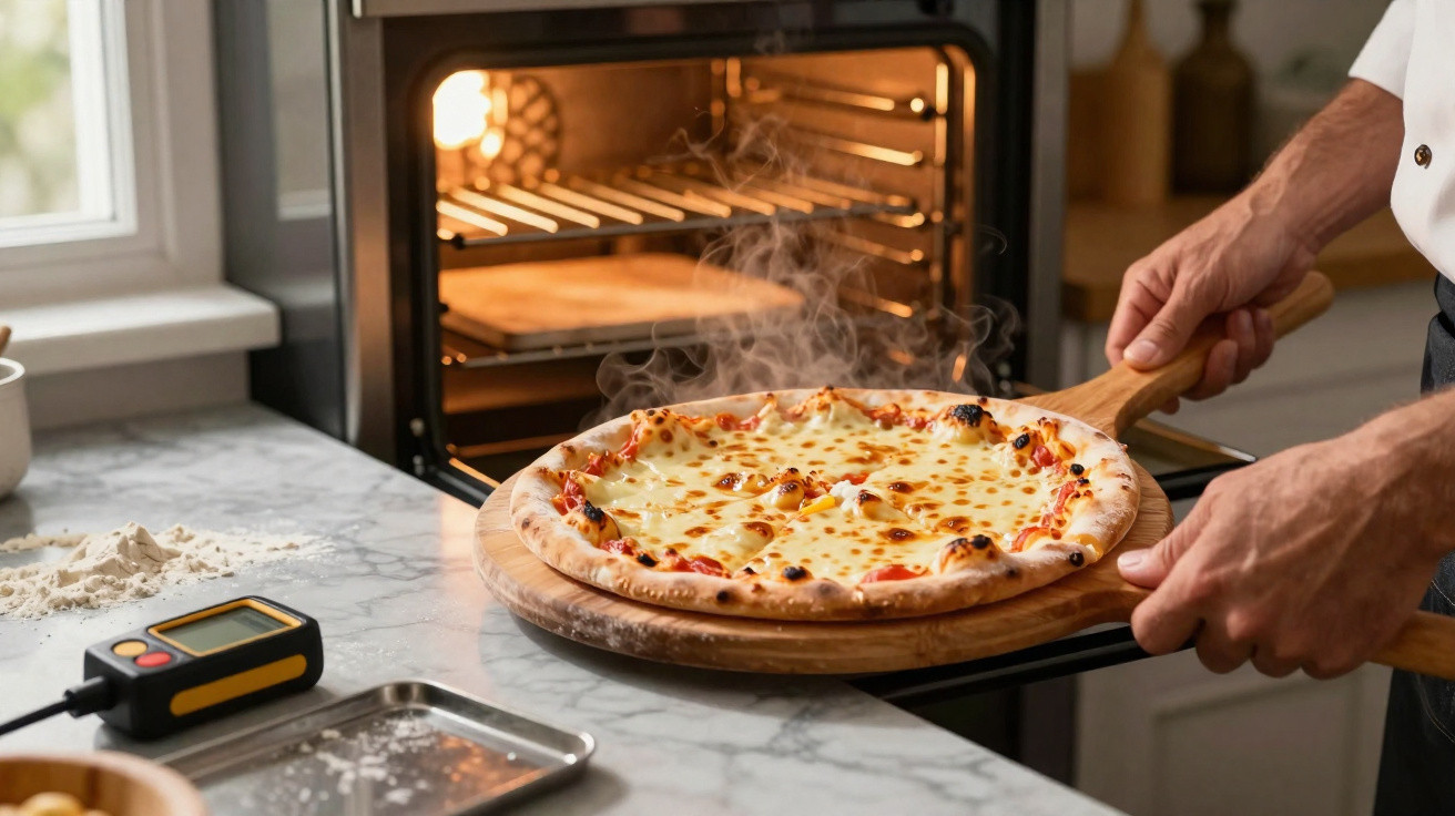 Pessoa a retirar pizza fumegante de forno elétrico numa cozinha moderna.