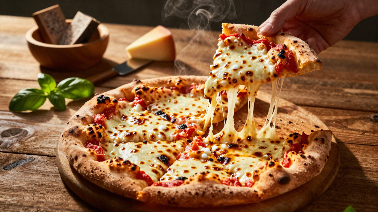 Pizza quente com mozzarella derretida sendo levantada de um tabuleiro de madeira numa mesa rústica.