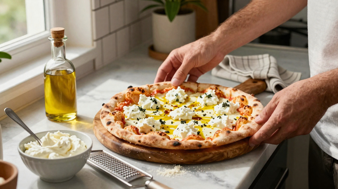 Mãos a segurar pizza com queijo e ervas numa cozinha iluminada, junto a garrafa de azeite e tigela de queijo.