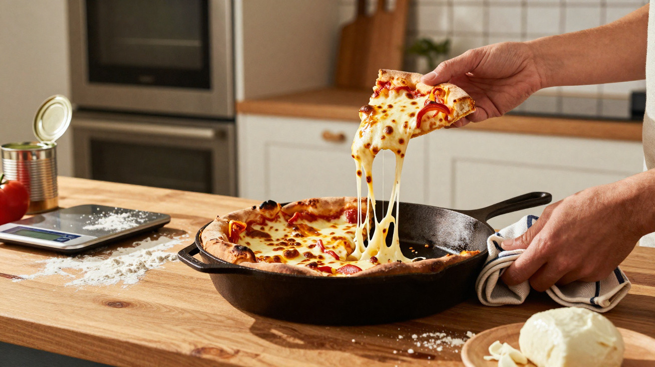 Mão a retirar uma fatia de pizza com queijo derretido num tabuleiro preto sobre mesa de madeira.