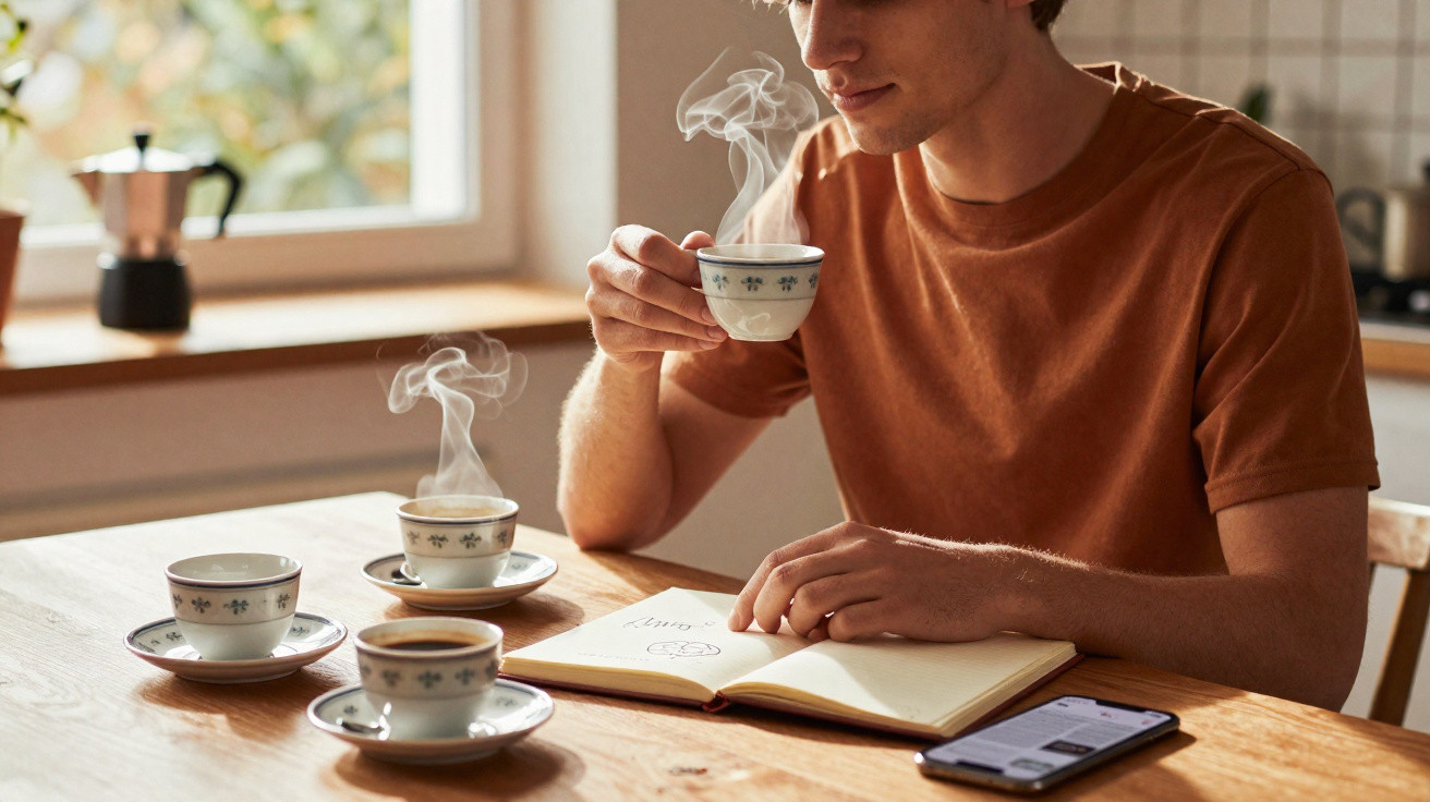 Homem a saborear chá quente com vapores, sentado à mesa com cadernos e três chávenas de chá.