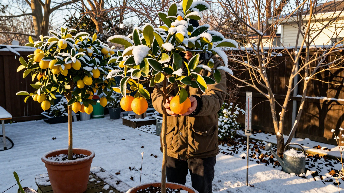 Pessoa colhendo laranja em árvore de fruto em vaso, com limoneiras e neve num jardim exterior.