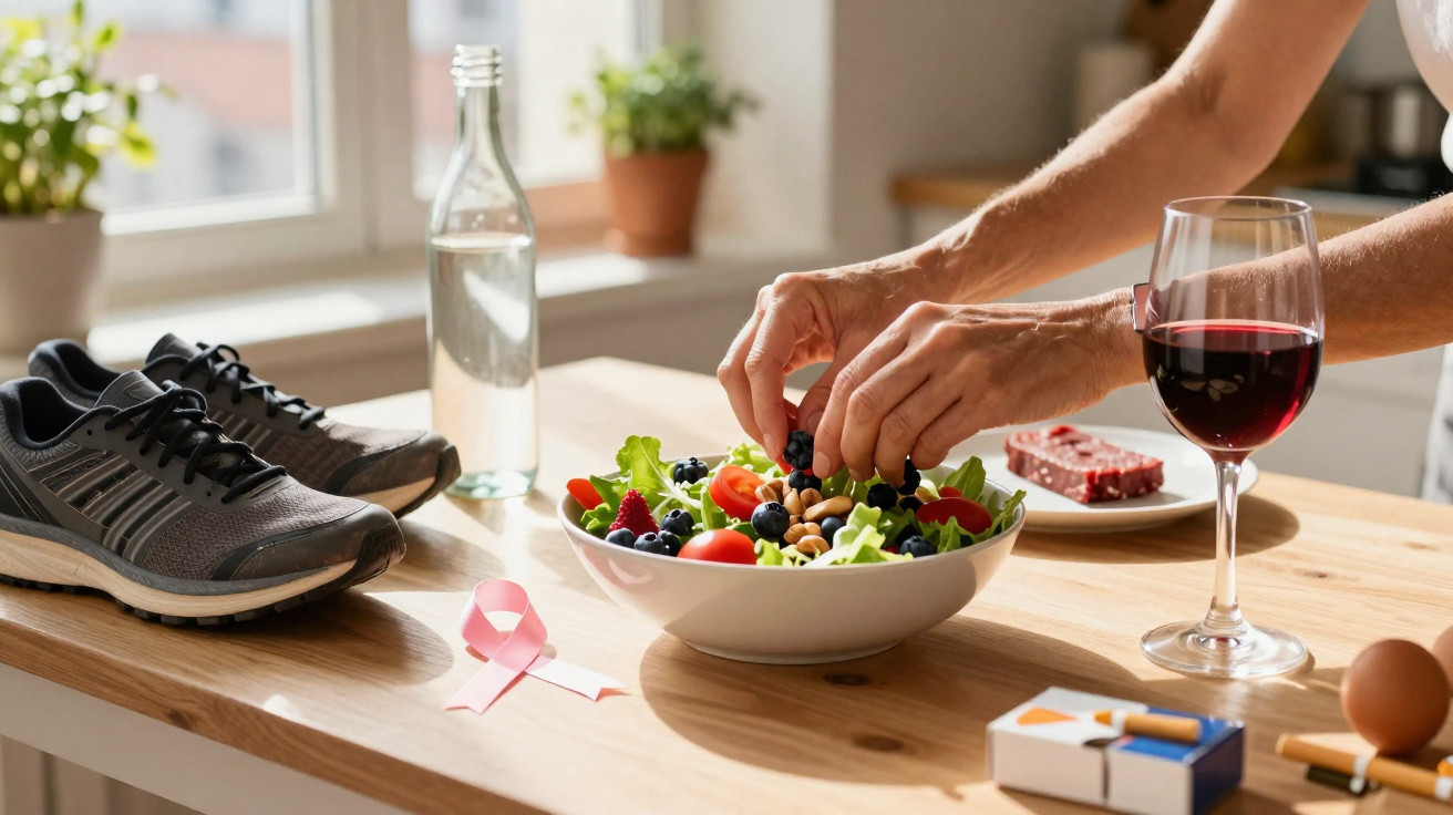 Pessoa a preparar salada saudável numa mesa com tênis, garrafa de água, bife e copo de vinho tinto.