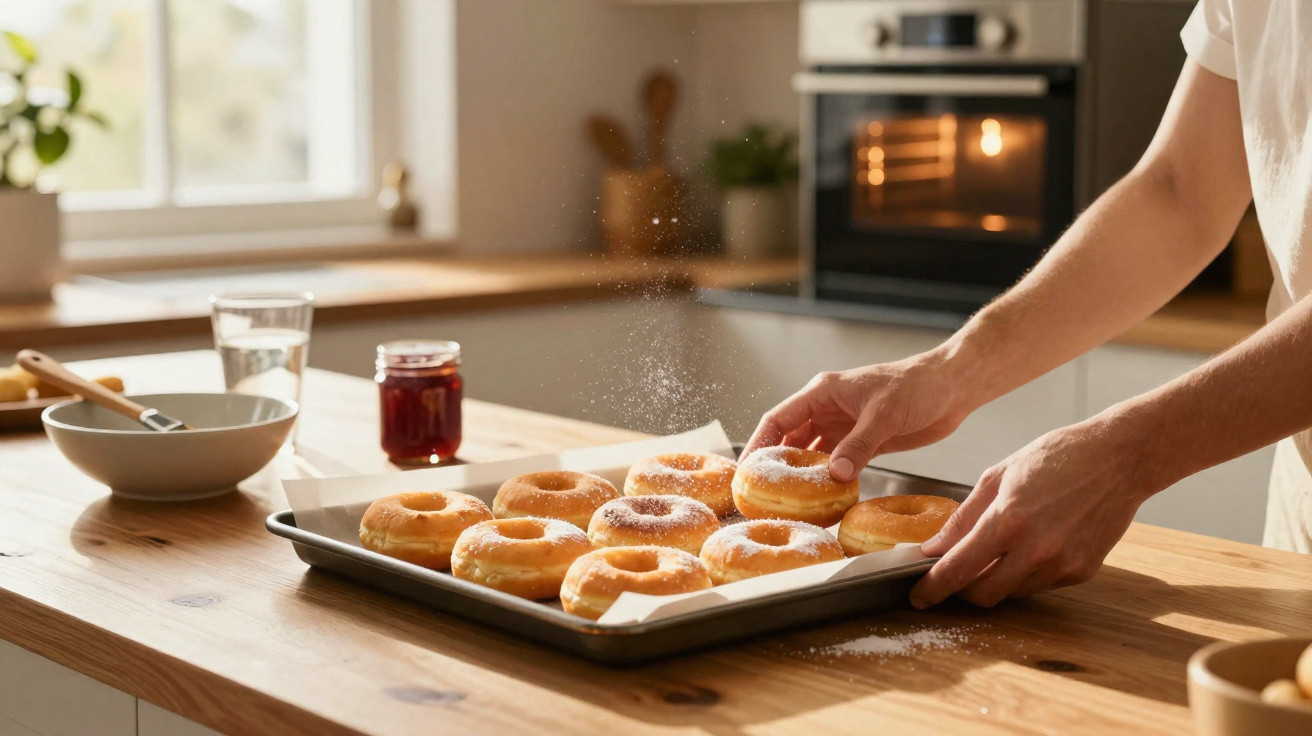 Mãos a polvilhar açúcar em donuts acabados de sair do forno numa bancada de cozinha iluminada pelo sol.