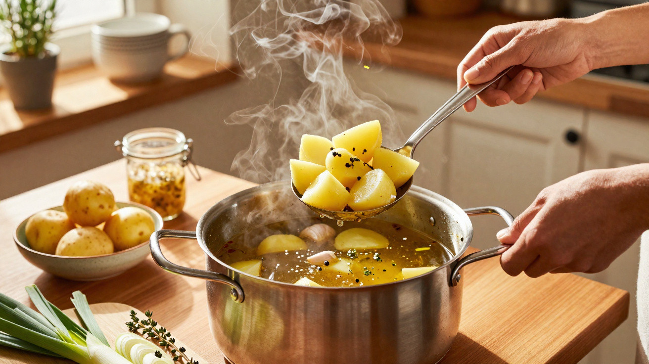 Mãos a cozinhar batatas num tacho com ervas aromáticas e vapor a sair, numa cozinha iluminada.