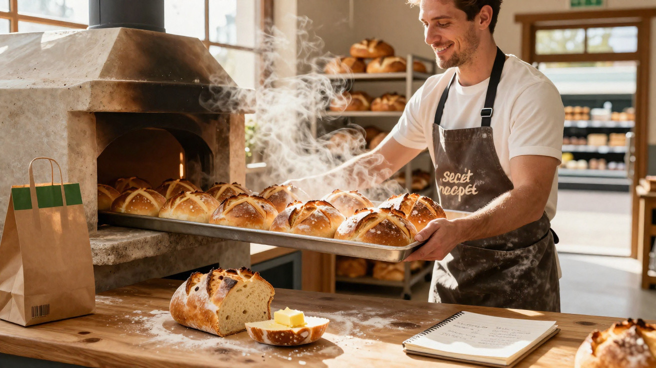 Padeiro retira pão acabado de sair do forno a lenha numa padaria acolhedora e tradicional.