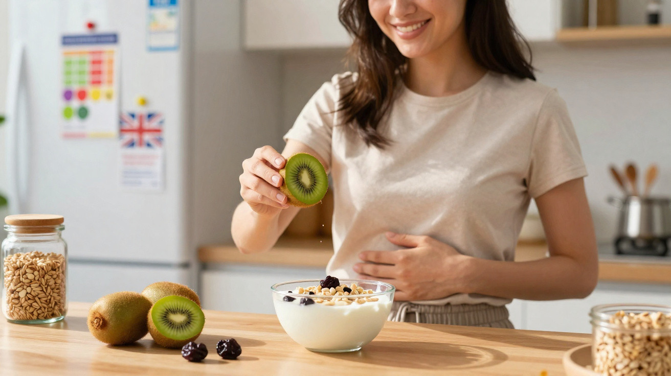 Mulher sorridente na cozinha a segurar meio kiwi sobre uma taça de iogurte com granola e frutos secos.
