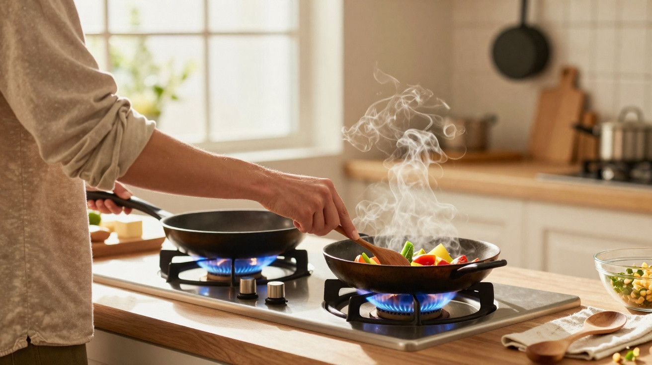 Pessoa a cozinhar legumes numa frigideira sobre fogão a gás numa cozinha luminosa.