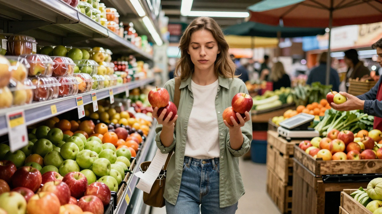 Mulher a comparar maçãs vermelhas no corredor das frutas de um supermercado com cesto de compras na mão.