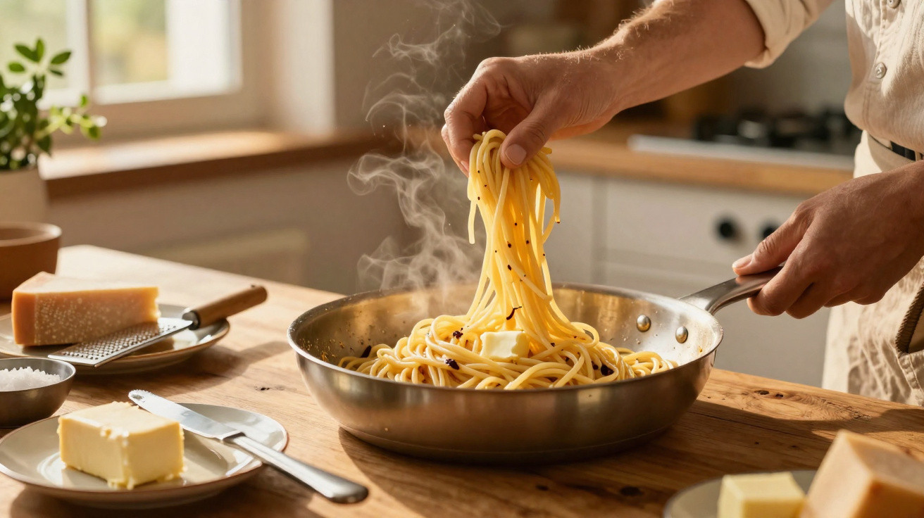 Mãos a cozinhar espaguete numa frigideira com manteiga e especiarias numa cozinha iluminada.