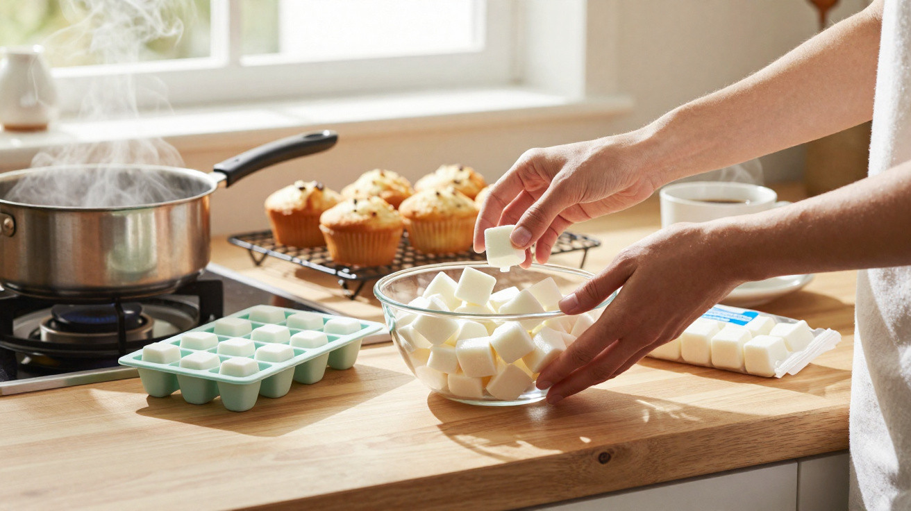 Mãos a colocar cubos brancos numa taça na cozinha junto a fogão e muffins assados.