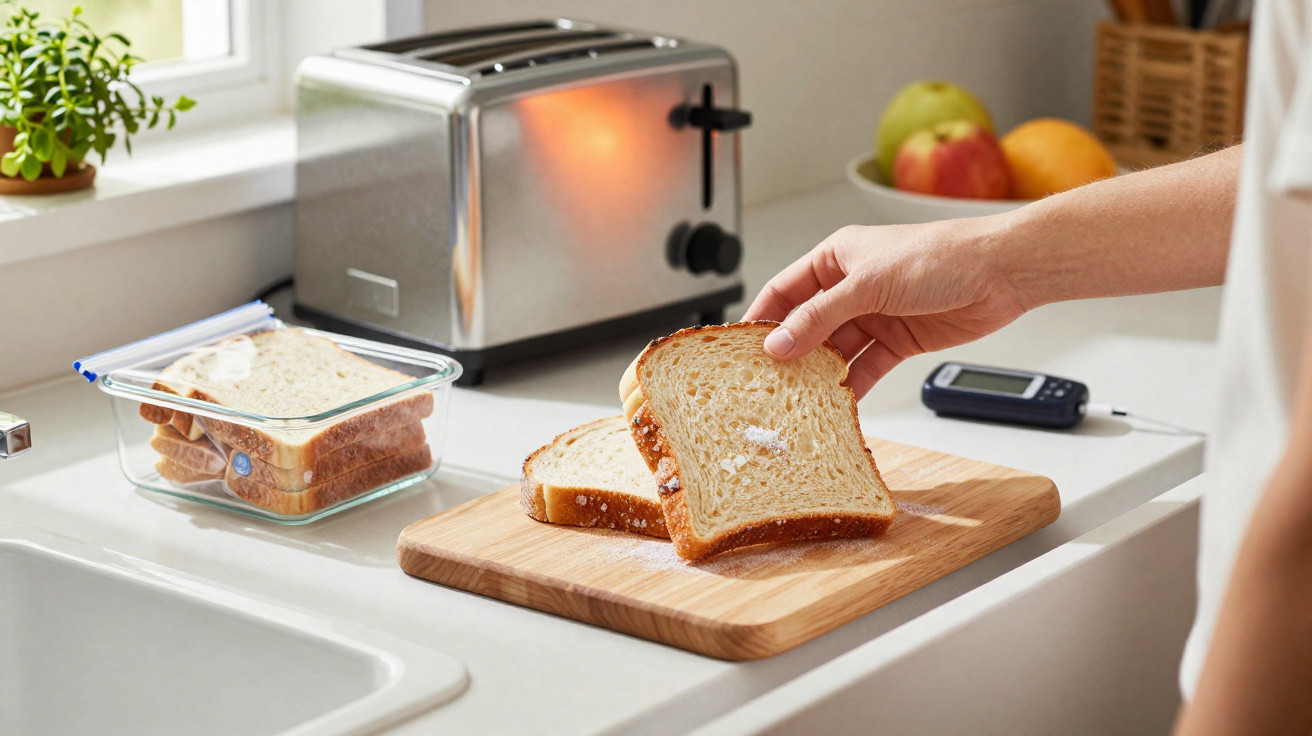 Pessoa a segurar fatia de pão branco sobre tábua de madeira numa cozinha luminosa com torradeira ao fundo.