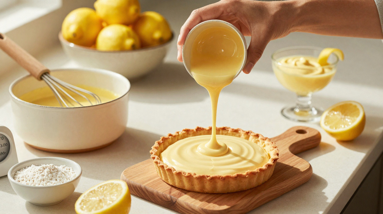 Mãos a verter creme de limão sobre tarte numa cozinha com limões e utensílios de pastelaria.