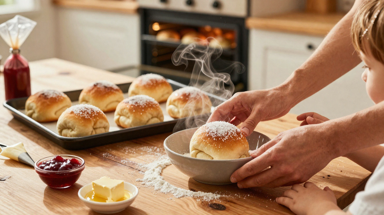 Pão quente acabado de sair do forno sendo servido numa tigela, com manteiga e saco de decoração na mesa.