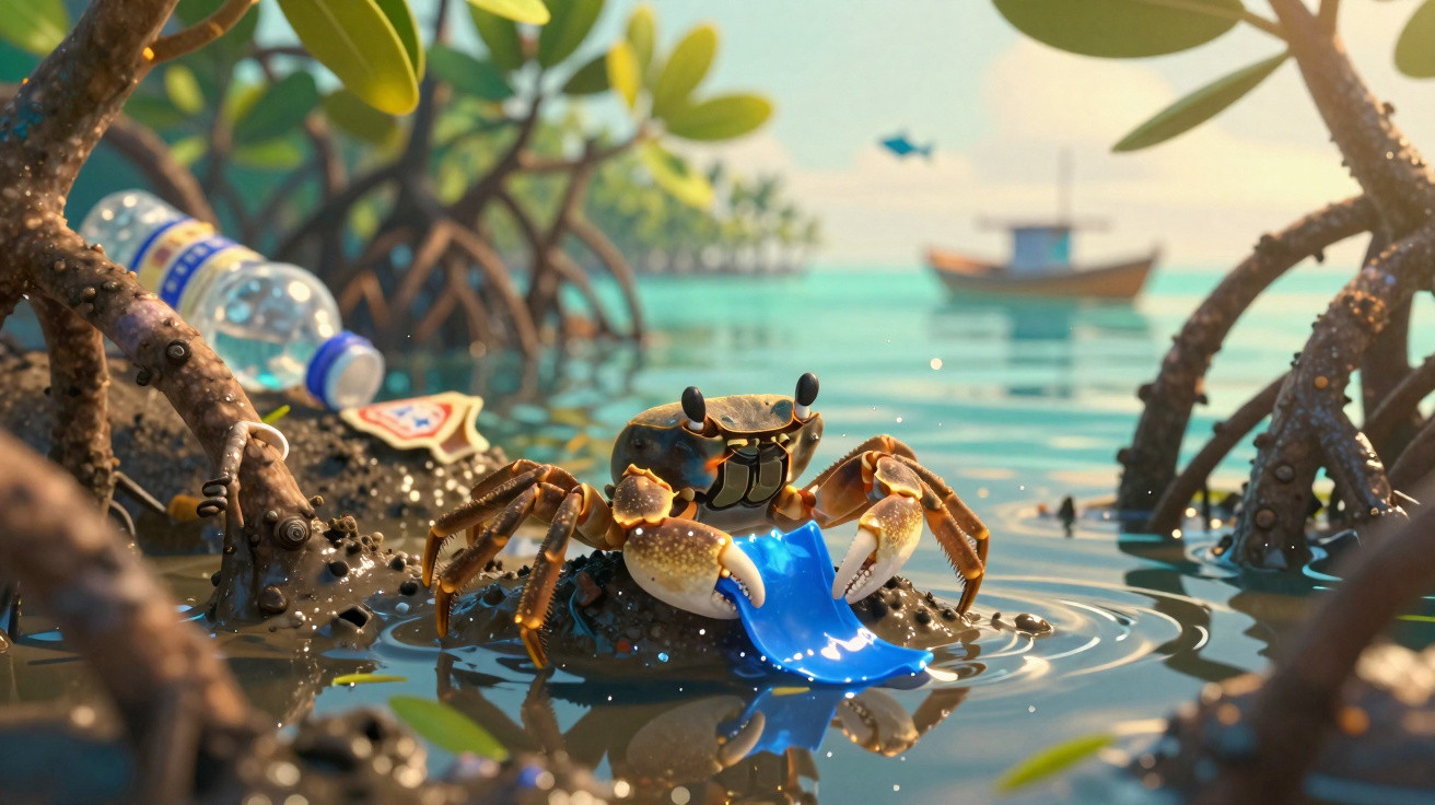 Caranguejo num mangal entre raízes a agarrar um pedaço de plástico azul na água suja com lixo.