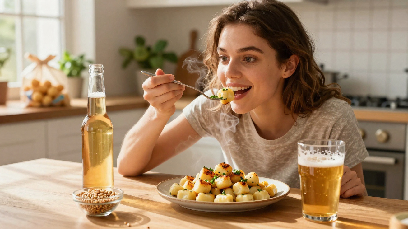 Jovem mulher sorridente a comer nhoques quentes numa cozinha iluminada, com bebida e snacks na mesa.