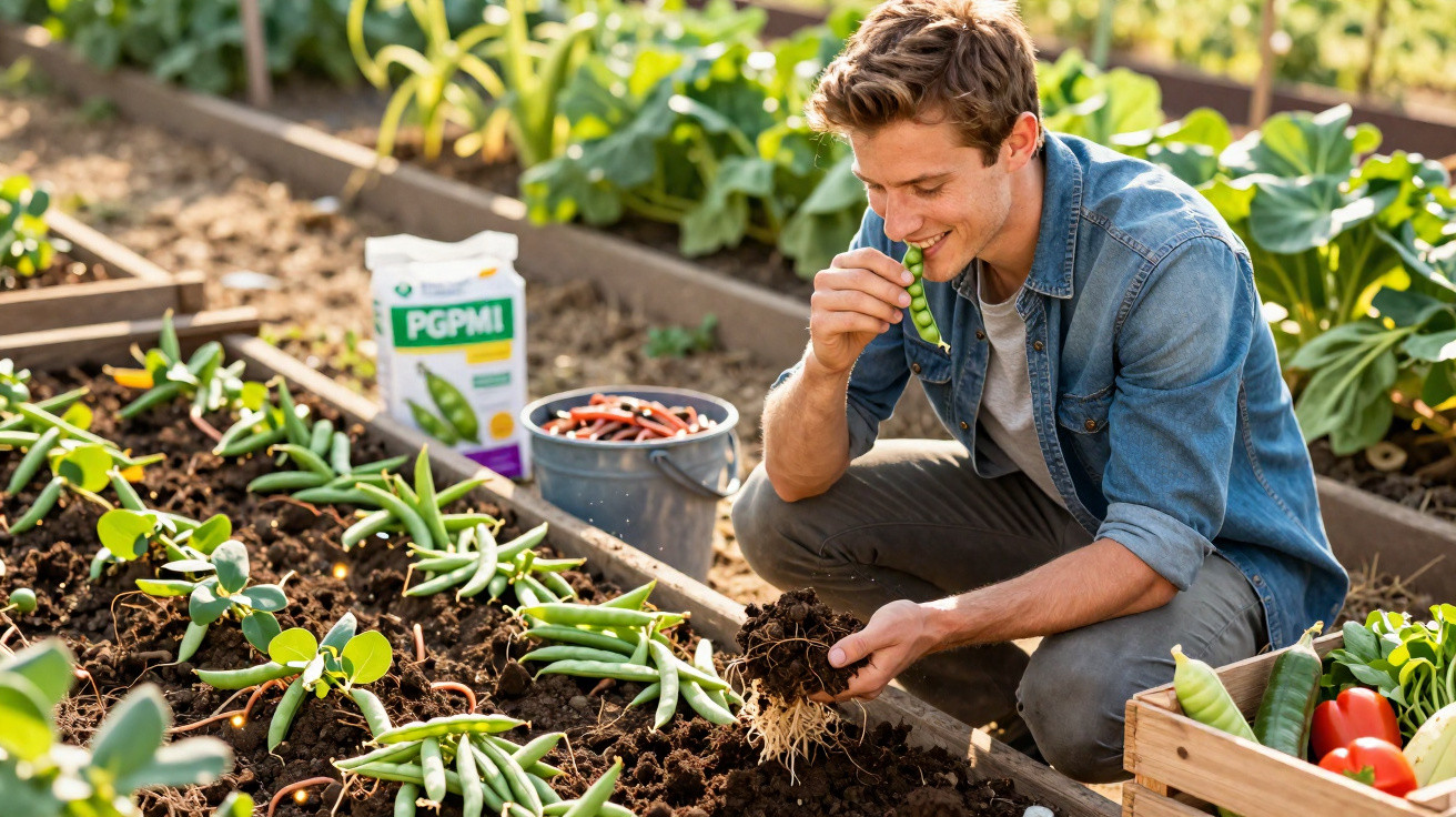 Homem a comer feijão verde fresco colhido da horta num campo com plantas e terra.
