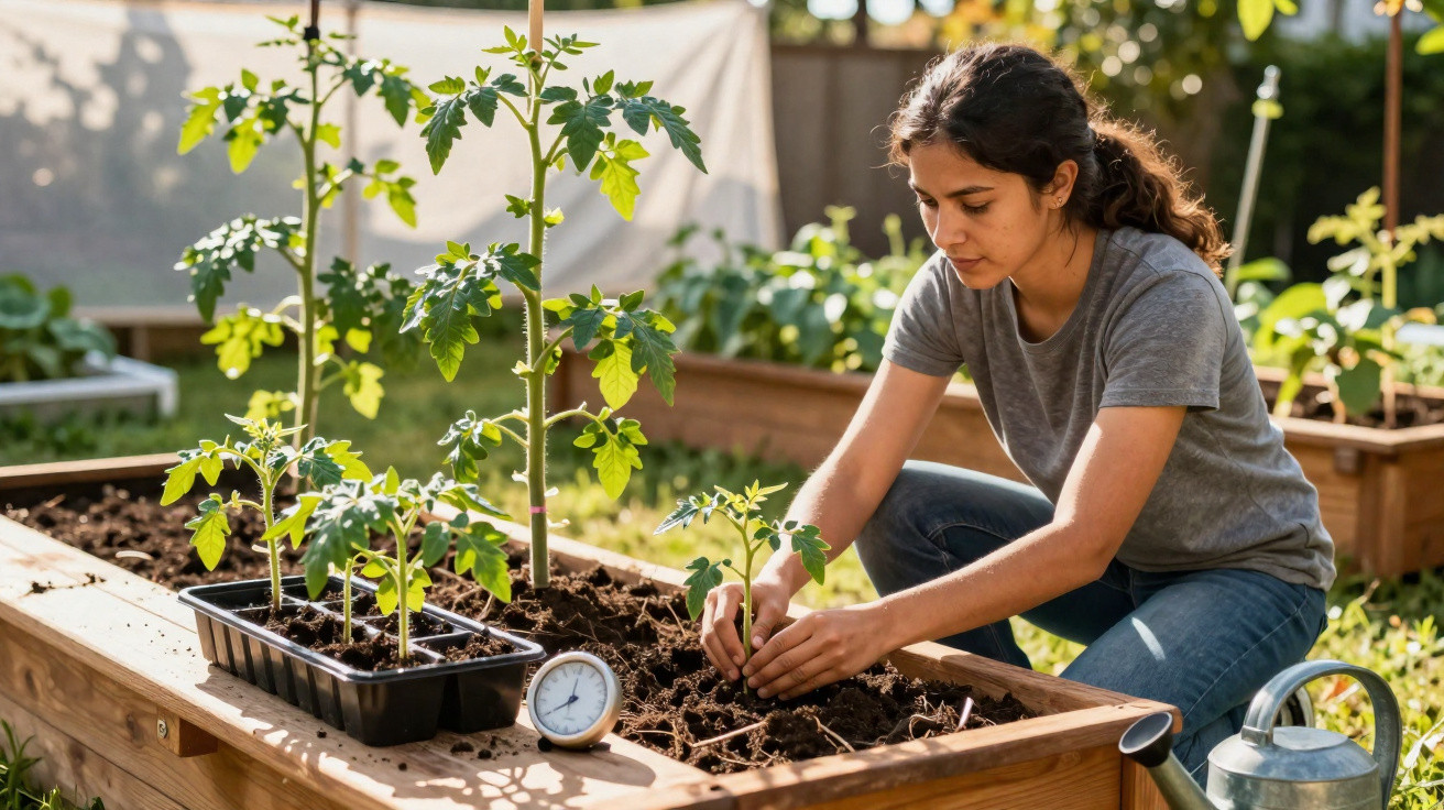 Mulher a plantar muda num canteiro elevado num jardim com ferramentas de jardinagem por perto.
