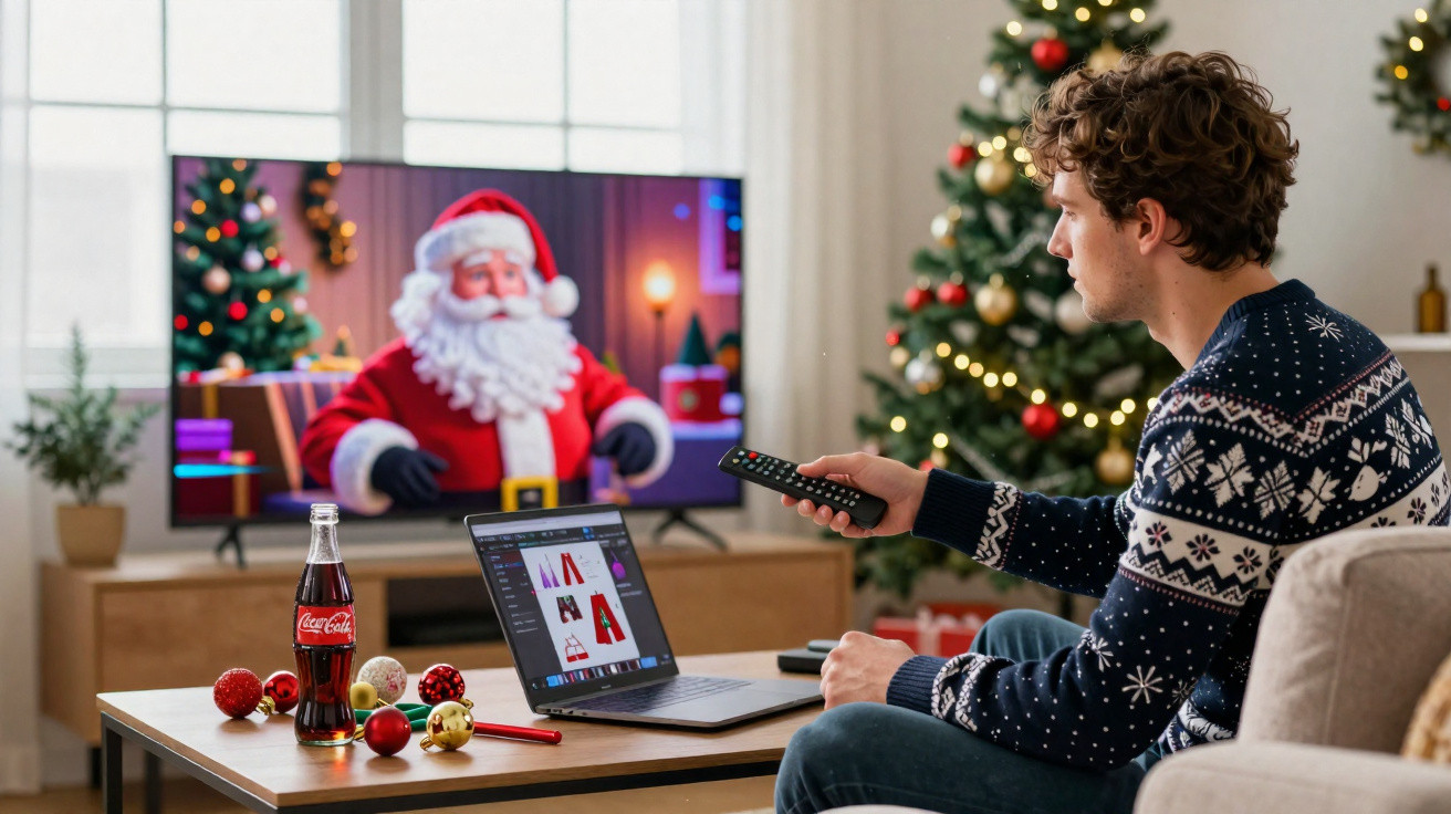 Jovem com camisola de Natal sentado no sofá a ver televisão com imagem do Pai Natal e laptop à frente.