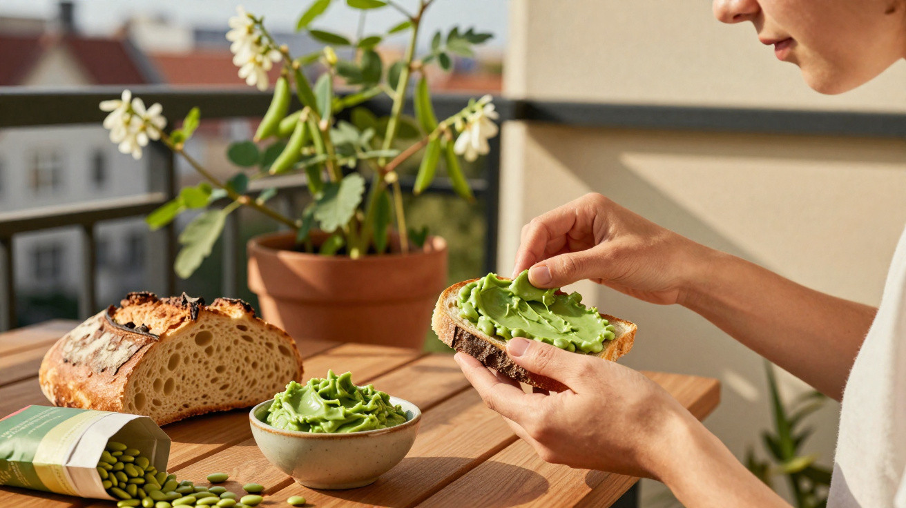 Pessoa a barrar pasta verde em fatia de pão com pão, bowl e plantas ao fundo numa varanda.