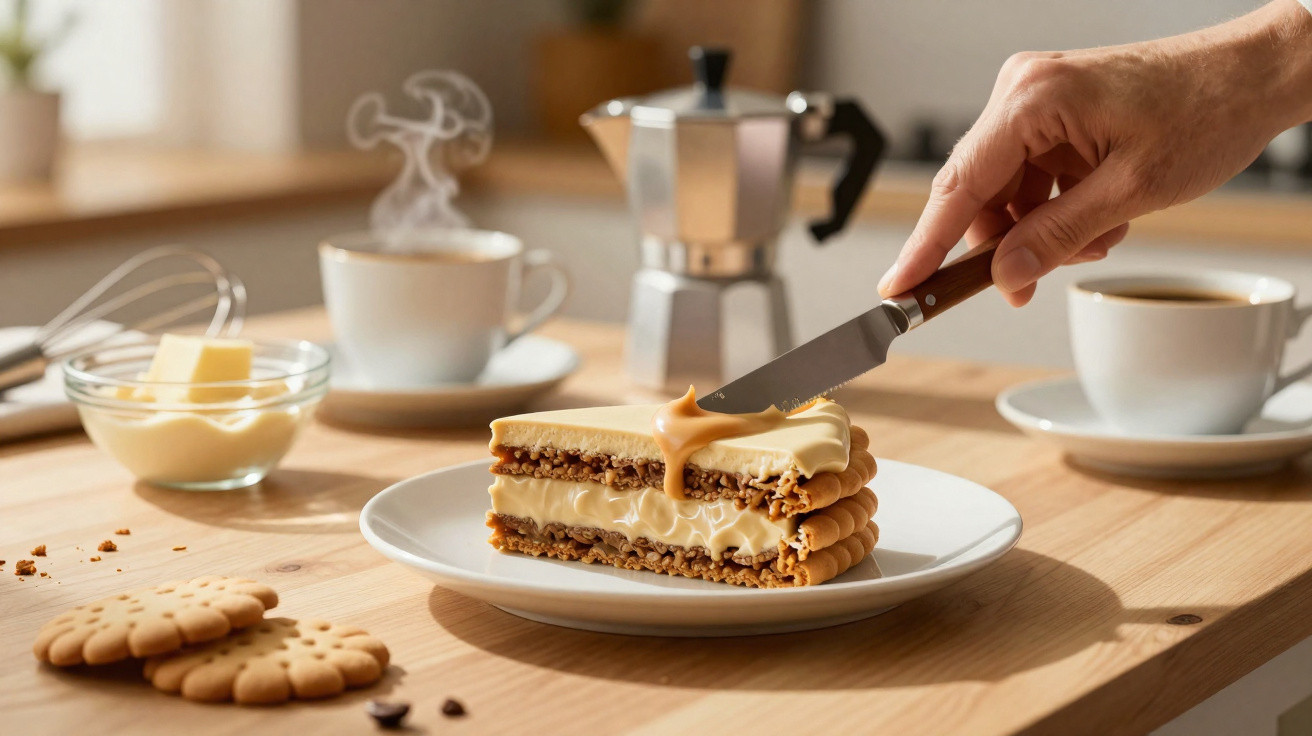 Pessoa a cortar fatia de sobremesa cremosa entre bolachas numa cozinha com café e creme.