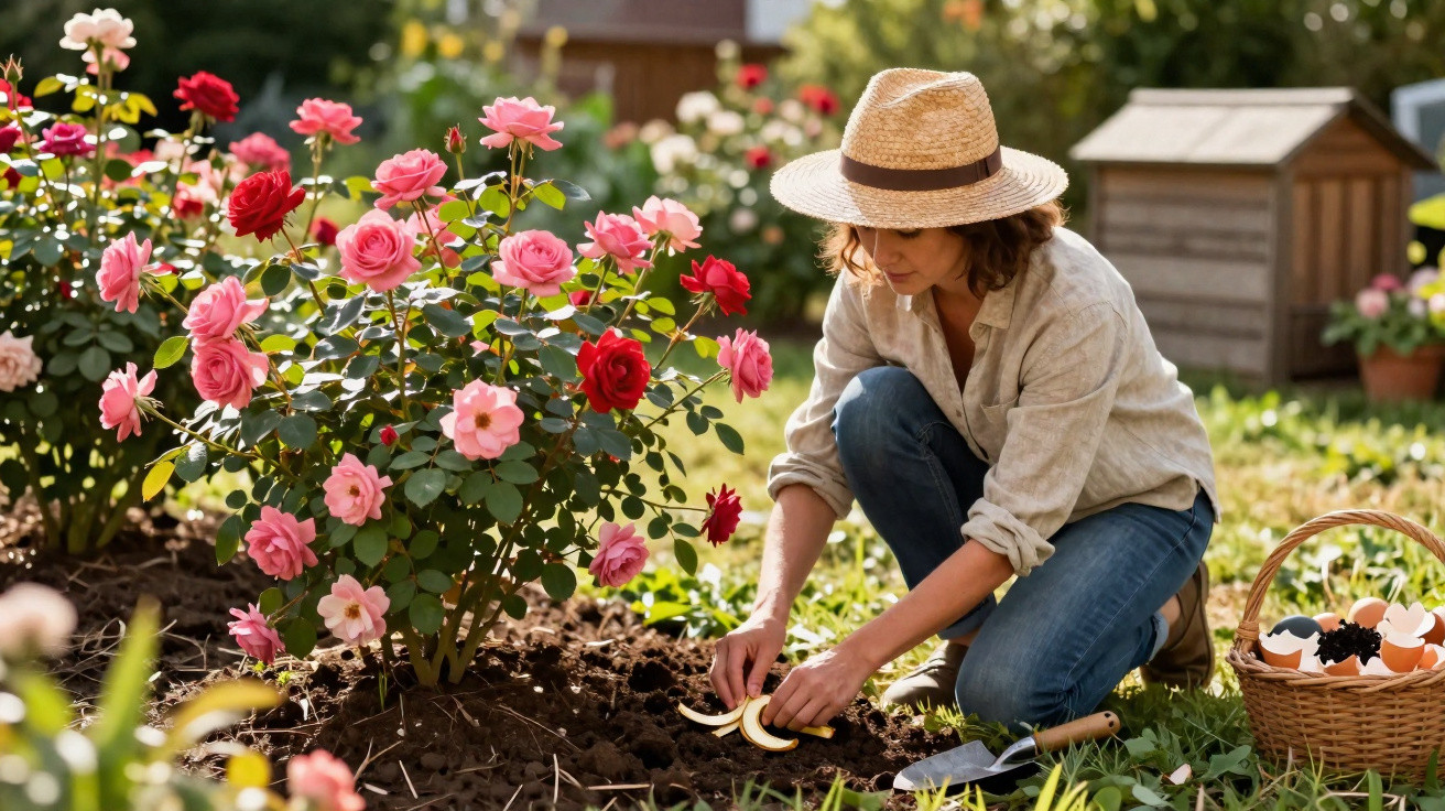 Mulher de chapéu a plantar num jardim florido, entre roseiras vermelhas e rosas, com utensílios de jardinagem.