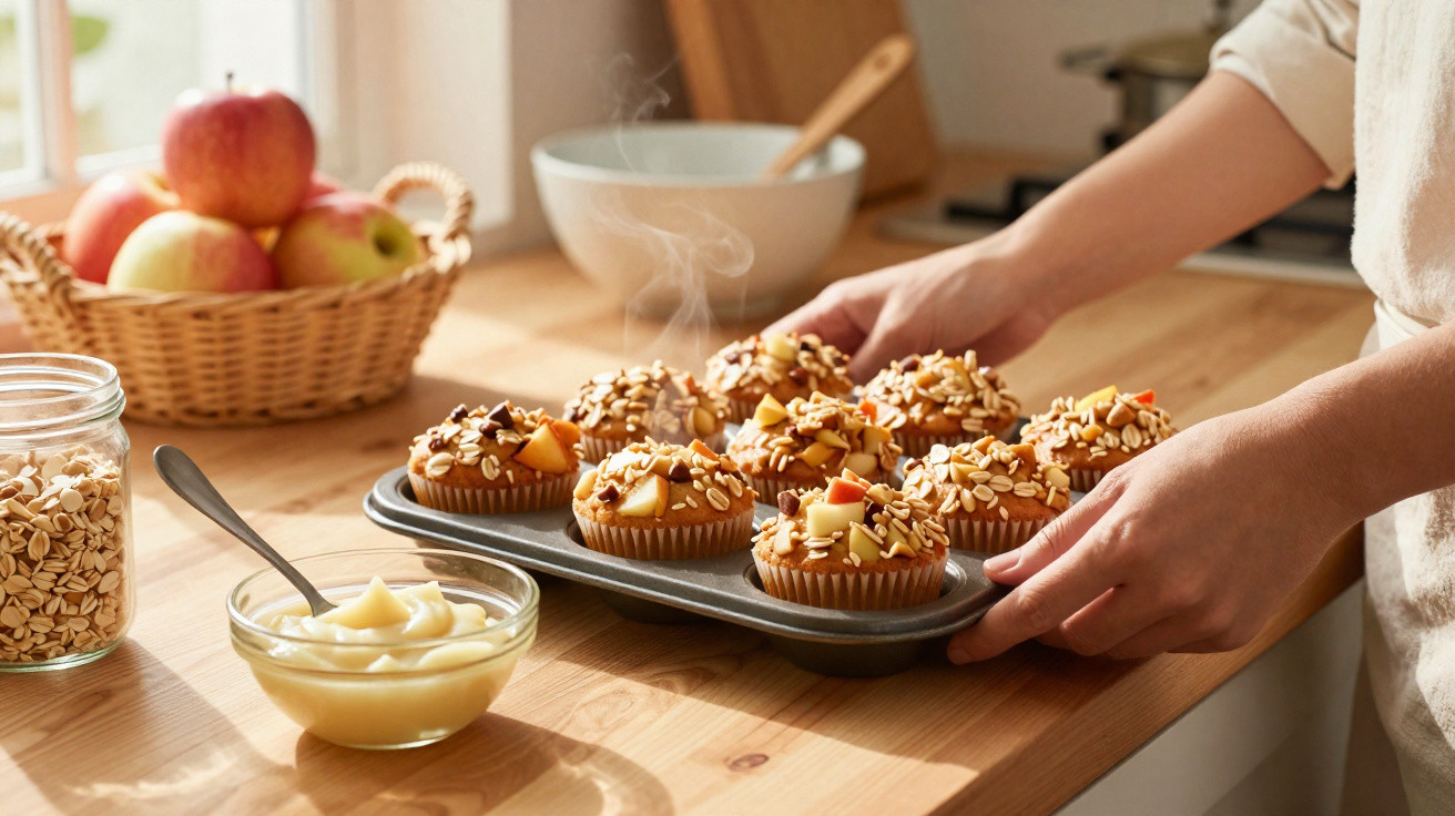 Pessoa a retirar muffins quentes com pedaços de maçã e aveia num tabuleiro na cozinha.