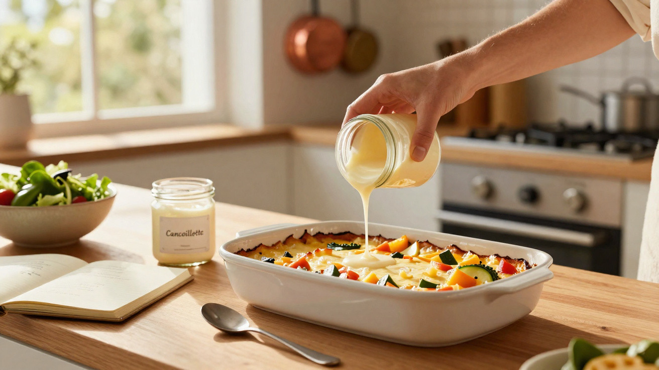 Mão a verter queijo cancaille sobre uma caçarola de legumes variados numa cozinha iluminada.