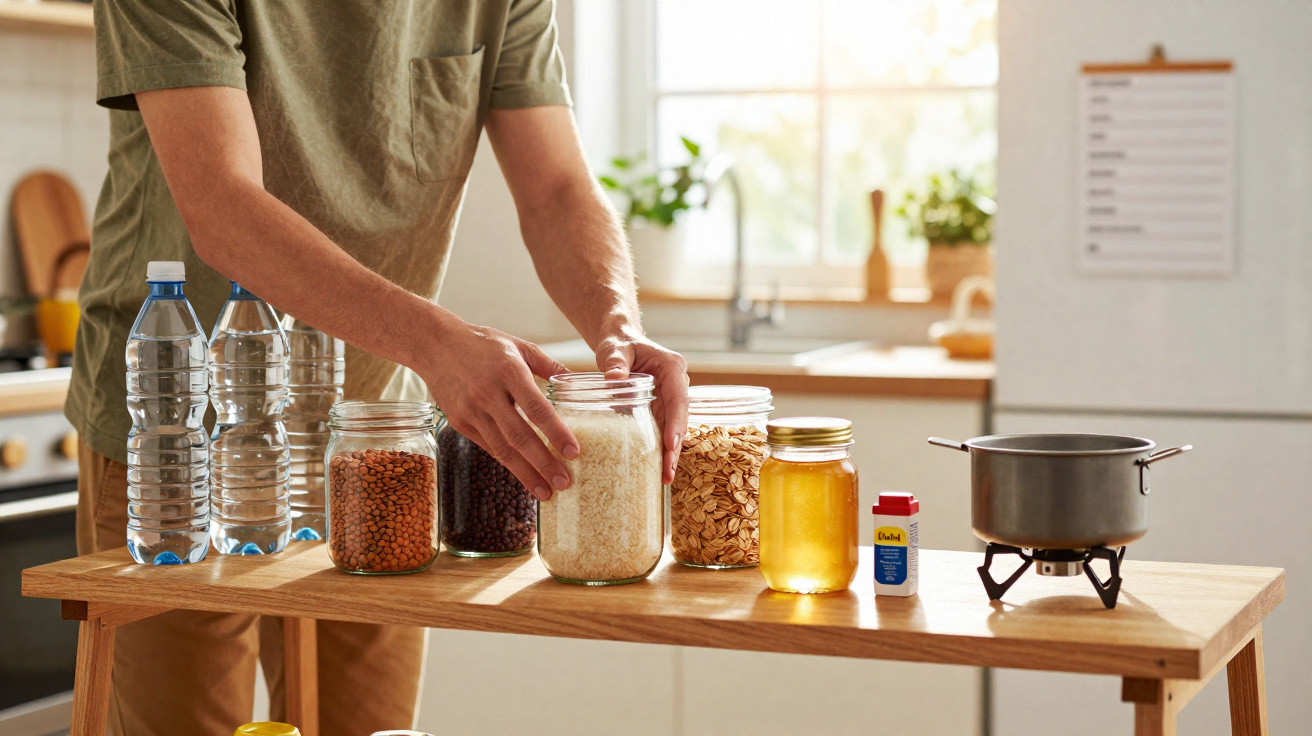 Pessoa a organizar frascos com alimentos secos numa cozinha, com garrafas de água e fogão portátil.